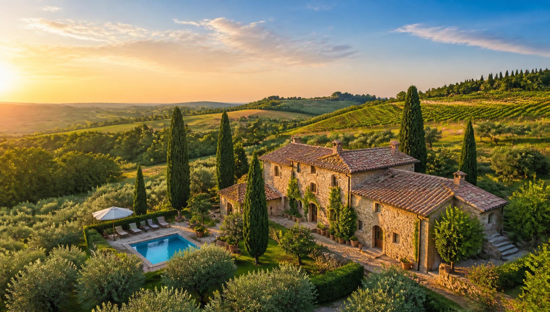 Sunlit Tuscan countryside estate with stone farmhouse, cypress trees, vineyards and olive groves at golden hour