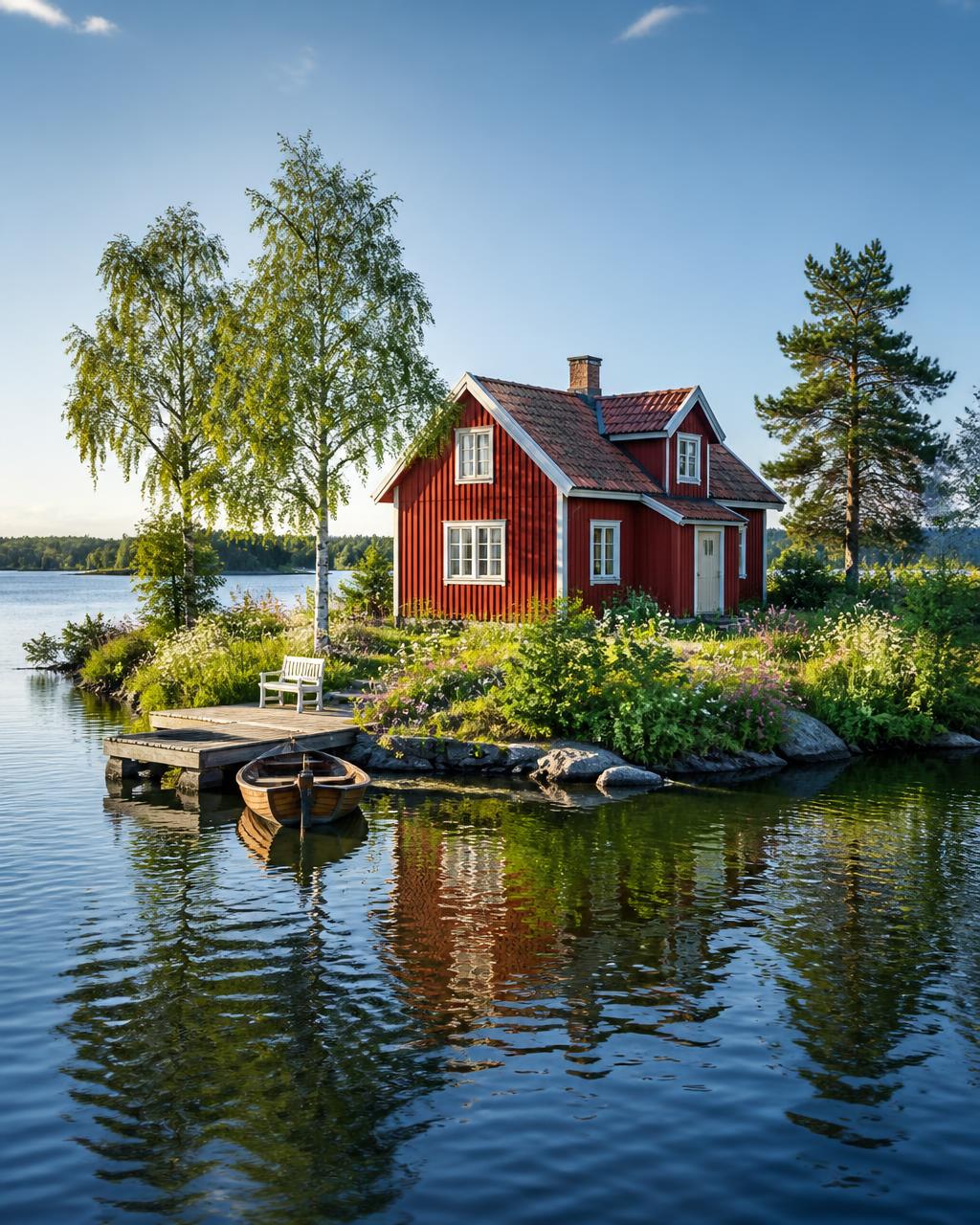Traditional red Swedish wooden house on a private island with a wooden boat by the dock, surrounded by lake and forest